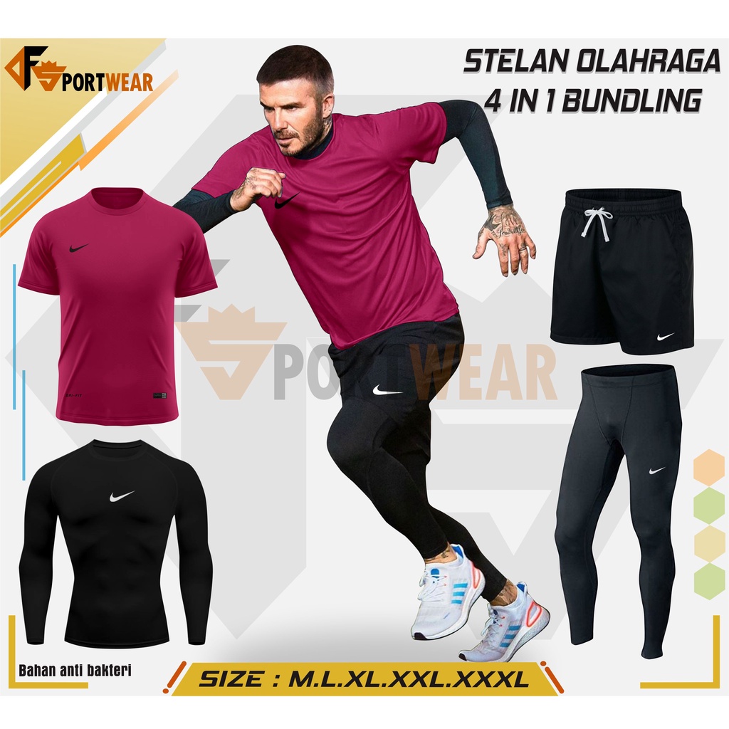 Full Set [ 4 in 1] Stelan Olahraga Pria Premium Manset Baju Futsal Running NlKE {PINK}