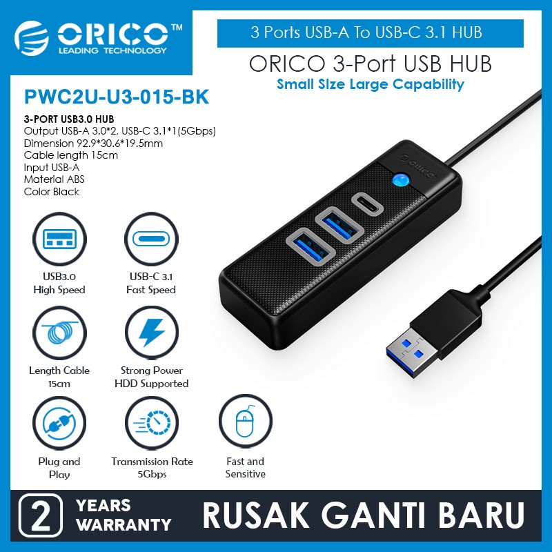 Usb 3.0 hub orico 3 port Usb-A 3.0 &amp; type-c 5Gbps cable 15cm pwc2u-u3-015