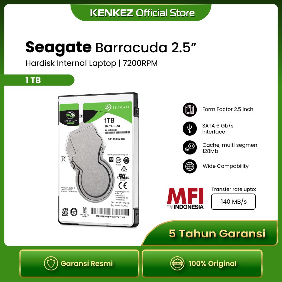 Seagate BarraCuda HDD / Hardisk Internal Laptop 1TB SATA 7200RPM