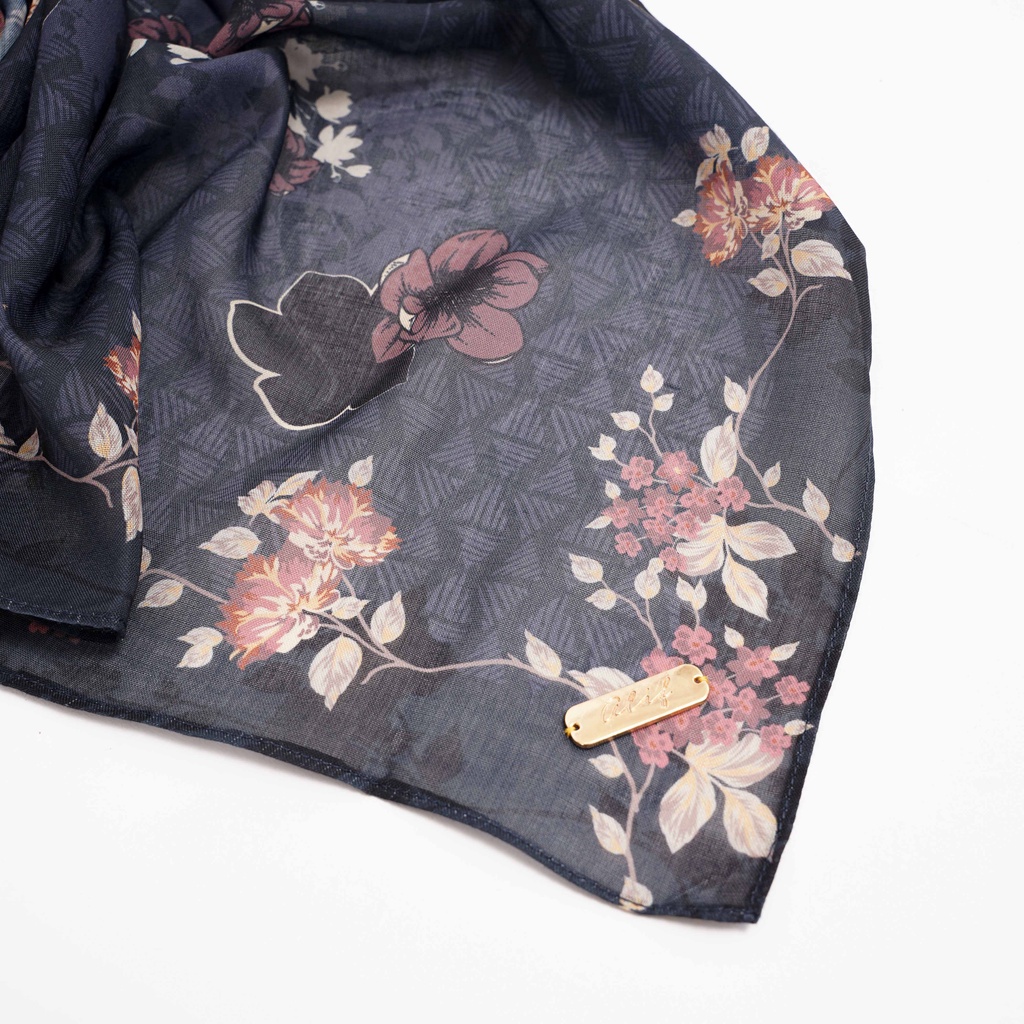 ALIF HIJAB SEGI EMPAT MOTIF PARIS PREMIUM KOREA - SUNFLOWER IN DARK NAVY ( SPR-D1-005 )