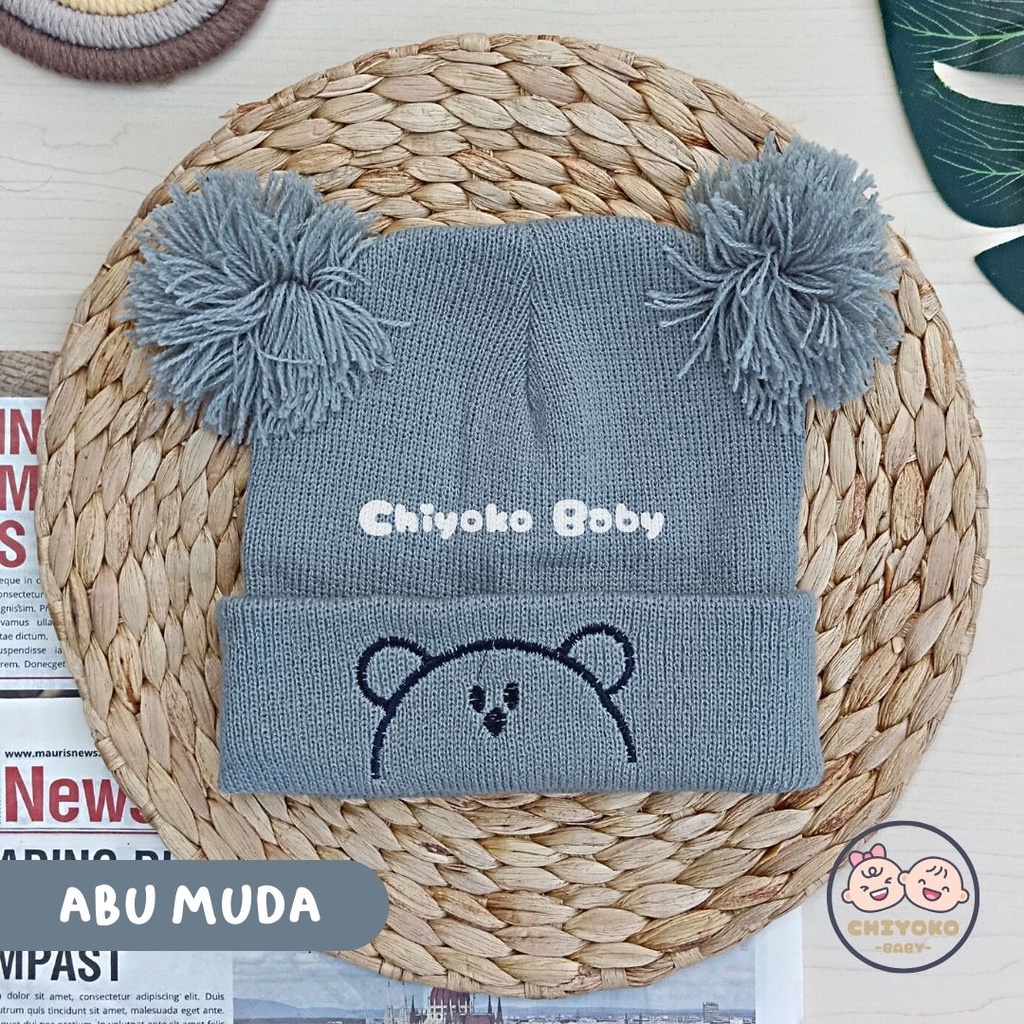 Topi Rajut Kupluk Bayi Pom Pom Premium / Topi Bayi Pom Pom BEAR Anak Laki - Laki Perempuan / Kupluk Baby Pompom BEAR Chiyoko Baby