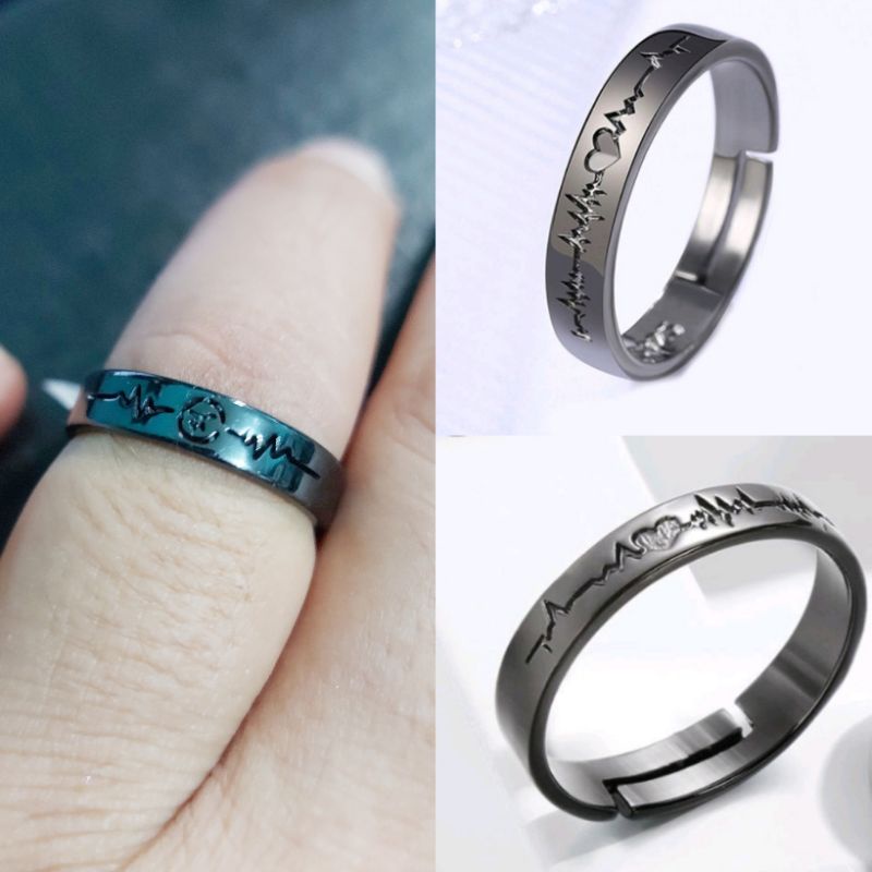 4s Grosir Solo || Cincin Hitam Titanium Adjustable Desain Electrocardiogram untuk Pria &amp; Wanita