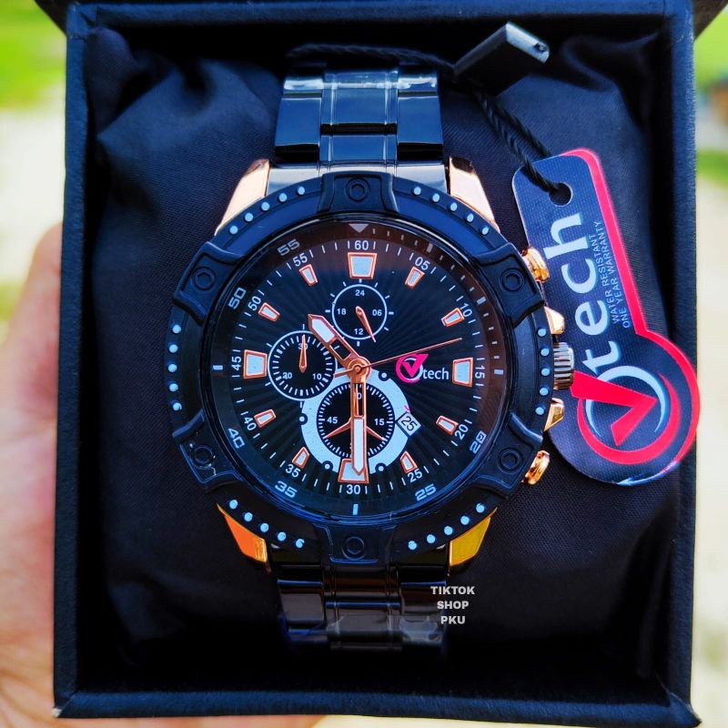 Jam Tangan Pria Kasual Analog Quart Strap Rantai Stainles Steel Fitur Tanggal Aktif Water Resistantce _Free Box  Jam Tangan Pria V Tech Original Tahan Air Reasy Stok COD_ Jam Tangan Kasual Pria Anti Air  Free Batrai Cadangan Warna Hitam, Hitam Rosggold