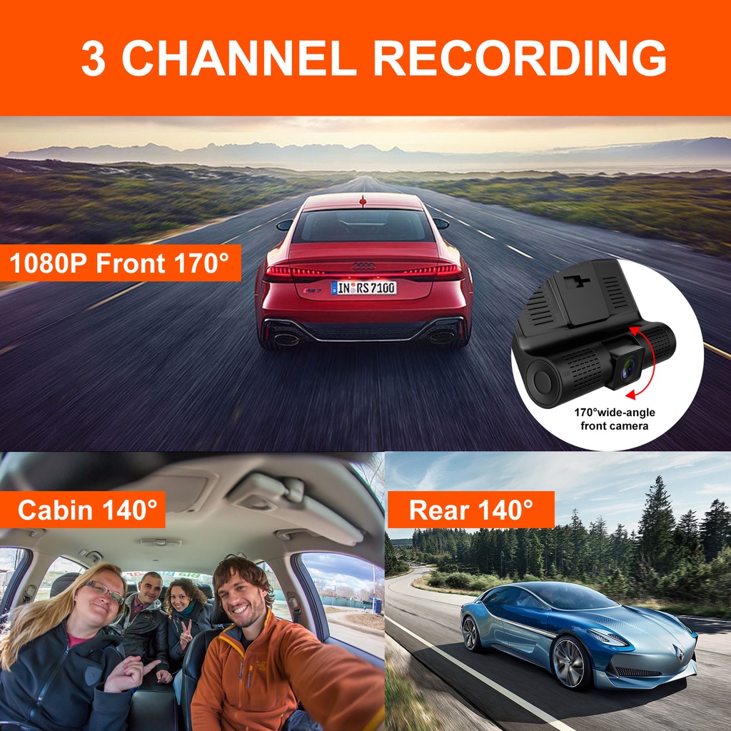 ESSGOO Dash Cam Car 1080p Night Vision 3 Lens 4&quot; Ips  Loop Recording 170°wide G-senor