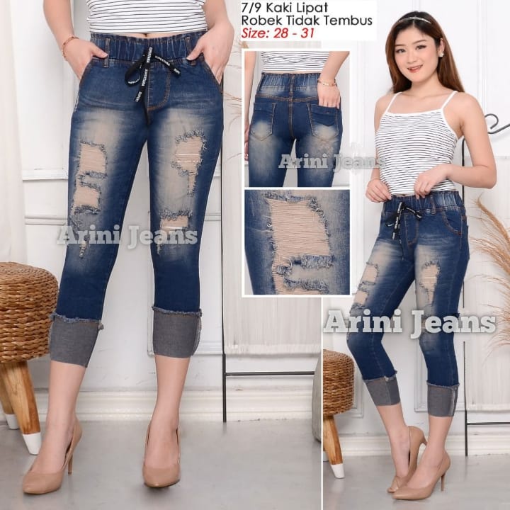 CELANA JEANS WANITA 7/9 PINGGANG KARET STIK BALIK SOBEK LAPIS 31-34