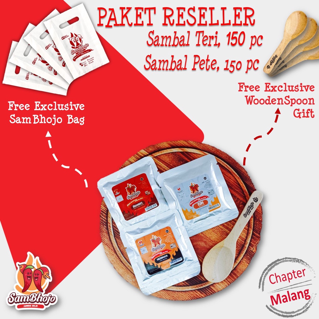 

SamBhojo (Sambal Bojo) Sambal Sachet Paket Reseller Sambal Teri dan Sambal Pete, 150pc