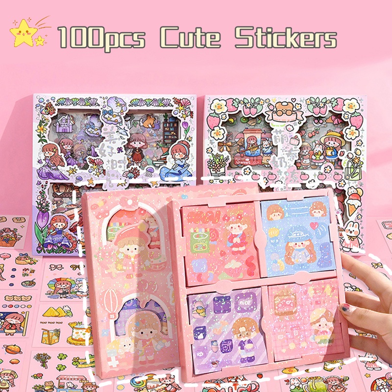 100pcs Stiker Lucu Kotak Hadiah Bahan PET Kartun Tahan Air Stiker Untuk DIY Akun Tangan Scrapbooking Stiker Alat Tulis