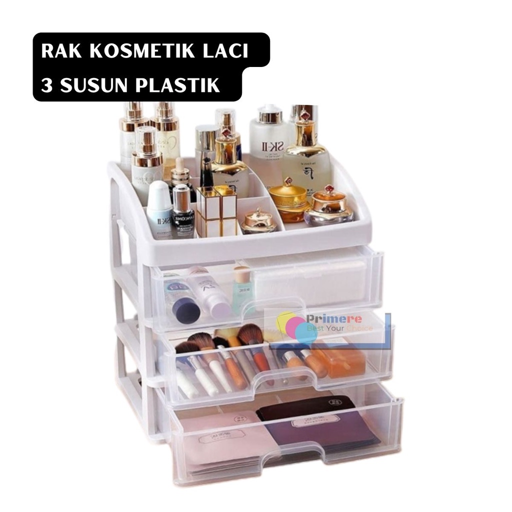 Rak Kosmetik 3 Laci Susun Plastik Acrylic Besar Kotak Penyimpanan