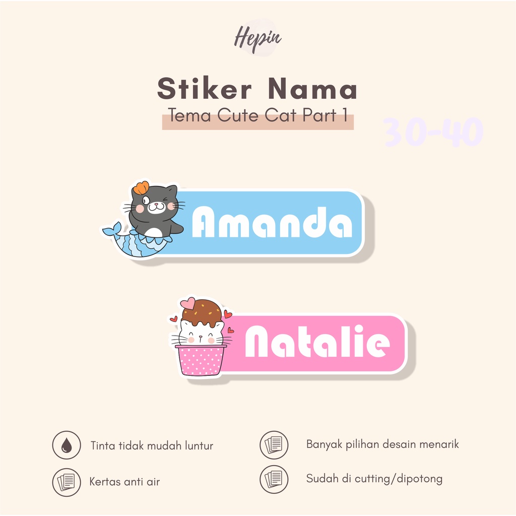 

(90 - 120 pcs) CUTE CAT part 1/stiker nama/anti air/murah/bisa custom nama