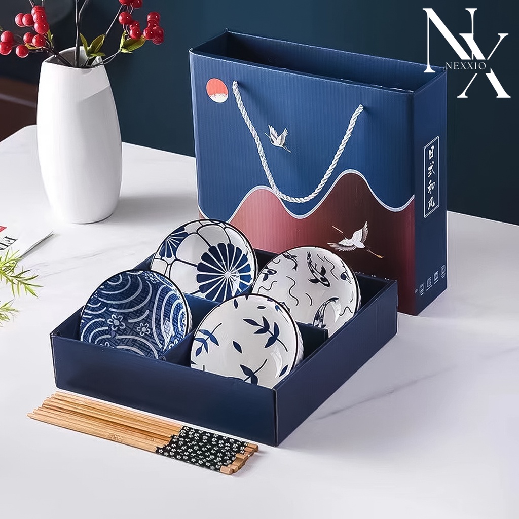 NexXio  Mangkok Set premium / Mangkuk Set Japan bah keramik / hampers Japanese Bowl set mangkok sumpit alat makan / Mangkuk Set Gift / Bahan Keramik Plus Paper Bag dan Sumpit