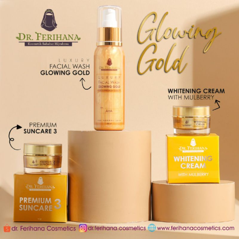 [Paket Glowing Gold] Dr. Ferihana (Luxury Facial Wash &amp; Suncare 03 &amp; Whitening Cream) Tidak Untuk Kulit Berjerawat Mencerahkan Melembabkan Wajah Menghilangkan Flek &amp; Bintik Hitam Skincare Original BPOM