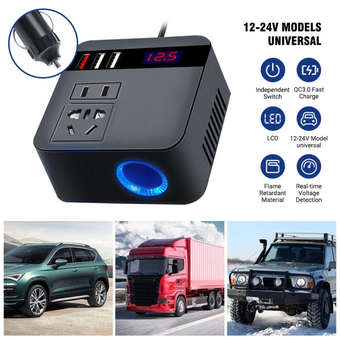 Car Power Konverter Fast Charging USB 3 Listrik Inverter 120W Mobil