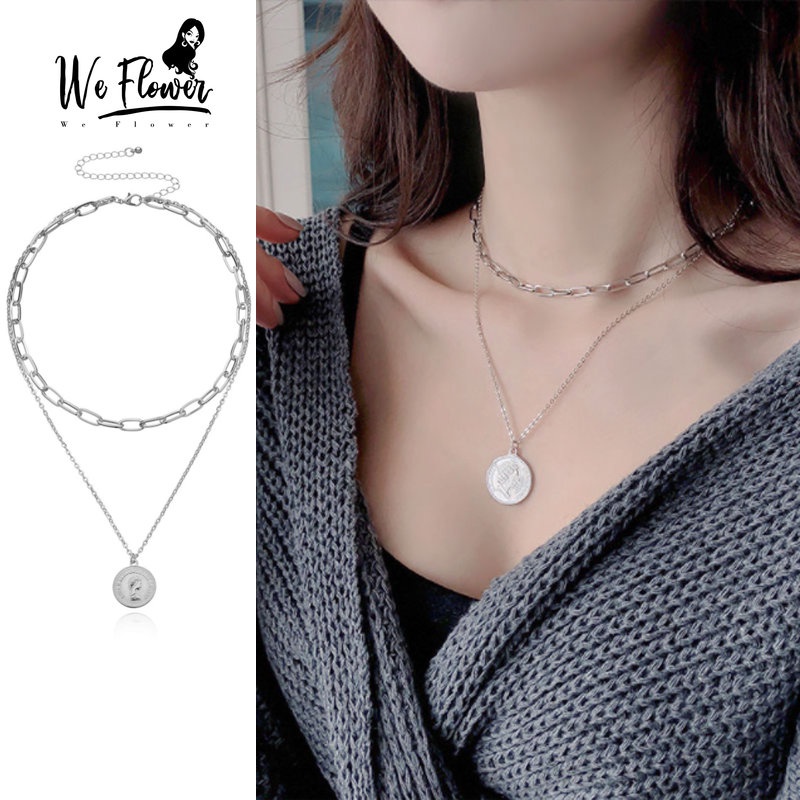 We Flower Double Layer Link Rantai Ratu Potret Liontin Kalung Untuk Wanita Vintage Perak Choker Koin Bulat Pesona Kalung Perhiasan Hadiah