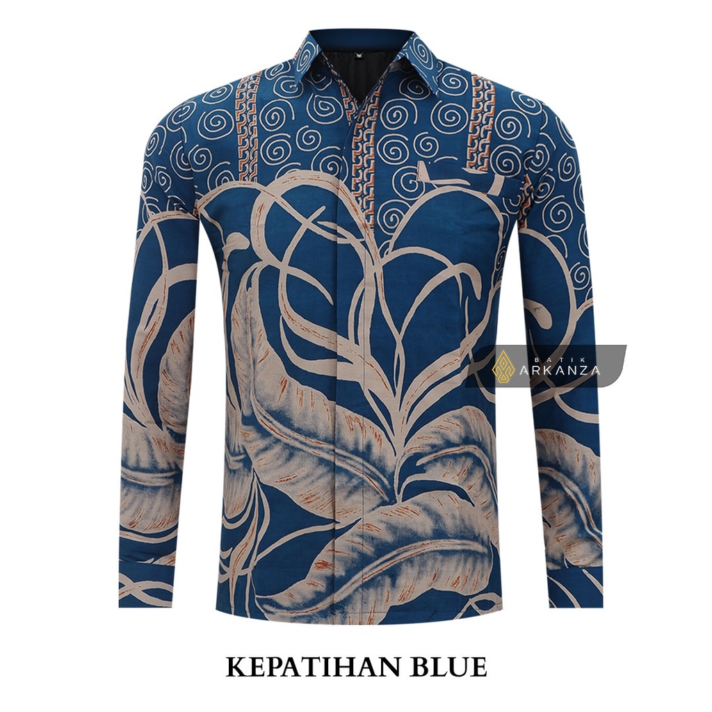 BATIK ARKANZA Motif KEPATIHAN BLUE Atasan Kemeja Baju Batik Pria Cowok Laki Laki Lengan Panjang Lapis Furing Slim Fit Original Bahan Katun Halus Premium Modern