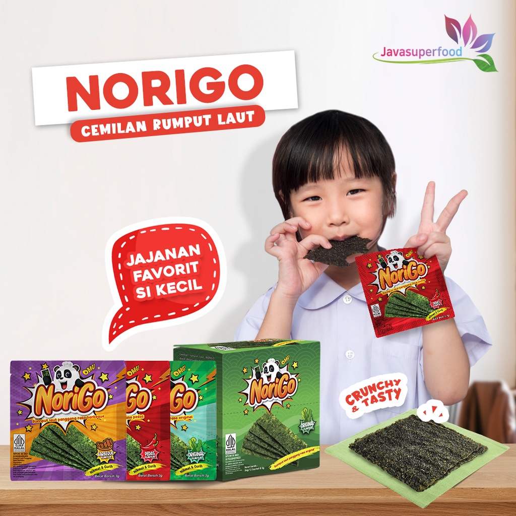 Norigo BBQ (1 BOX ISI 12 PCS) / Nori Sachet Seaweed Snack 3g Rumput Laut Halal Rasa BBQ