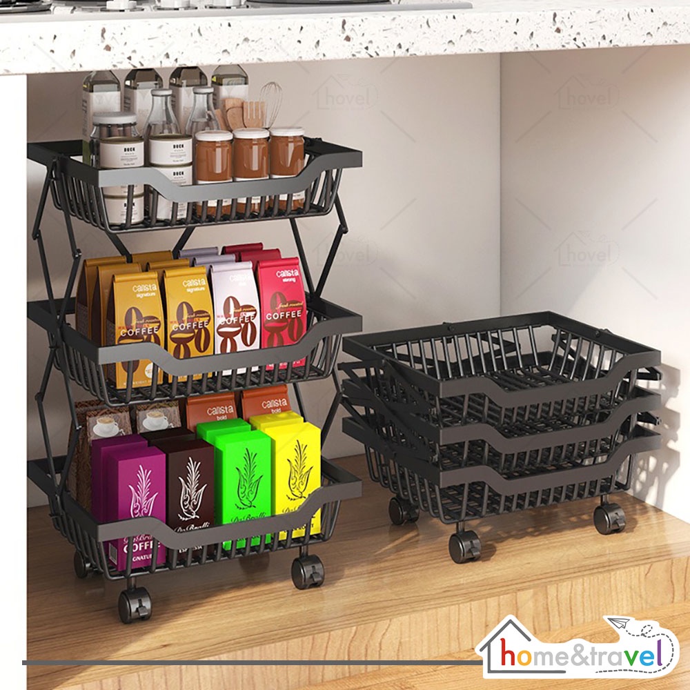 HOVELSHOP Rak Keranjang Sayur Dapur Buah Kitchen Rack Troli Lipat 3 4 Susun Portable Serbaguna