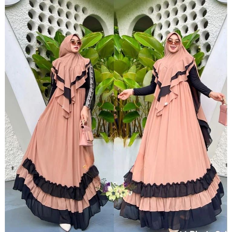 Azizah Syar'i + Khimar / Gamis Syar'i + Khimar Bahan Ceruty Babydoll / Fashion Muslim Syar'i Kekinia
