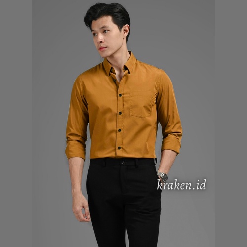 KEMEJA PRIA KUNING MUSTARD POLOS COTTON RAMI LENGAN PANJANG PREMIUM HEM PRIA PANJANG POLOS