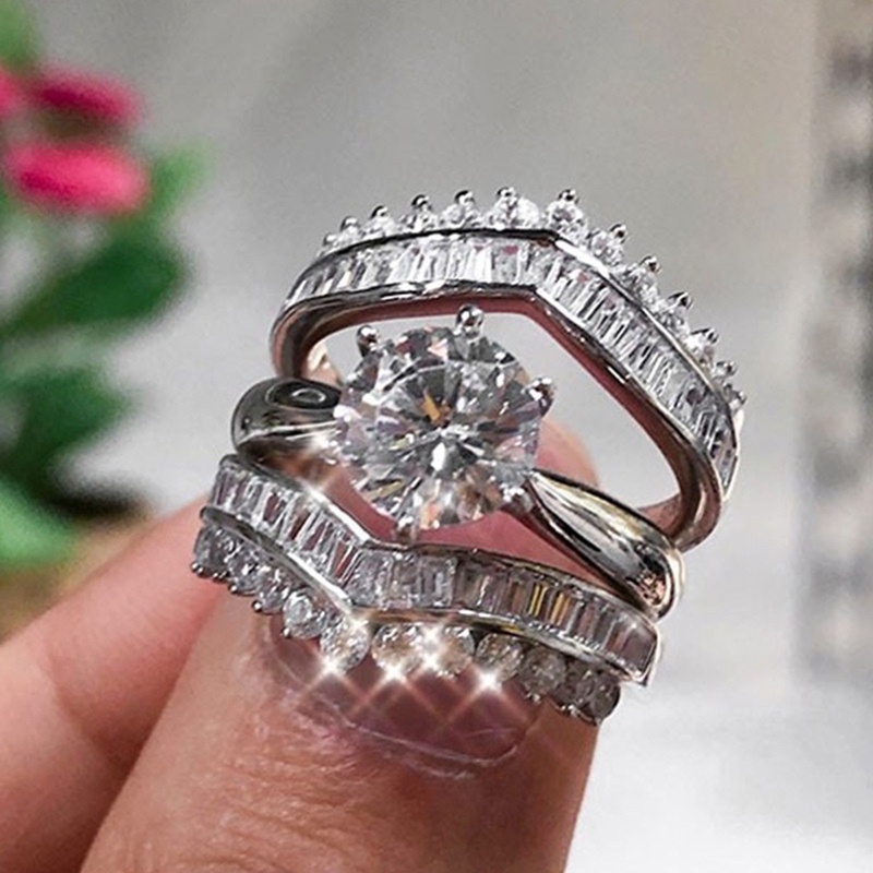 3pcs/set Cincin Ganda Dapat Ditumpuk Untuk Wanita Mewah Pernikahan Band Aksesoris Dengan Kristal Briliant Cubic Zirconia Baru Perhiasan Trendi