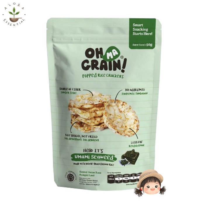 Oh Ma Grain Popped Rice Crackers Seaweed Rasa Rumput Laut 50gr - Snack Sehat - Cemilan Anak