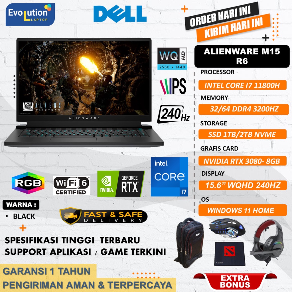 Laptop Gaming Desain ALIENWARE M15 R6 INTEL I7 11800H 32GB 2TB NVME Nvidia RTX3080 WQHD 240HZ RGB WIN11HOME BLACK