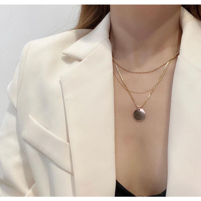 KALUNG LAYER KEKINIAN MOTIF RANTAI DAN KOIN WARNA EMAS AKSESORIS FASHION MURAH