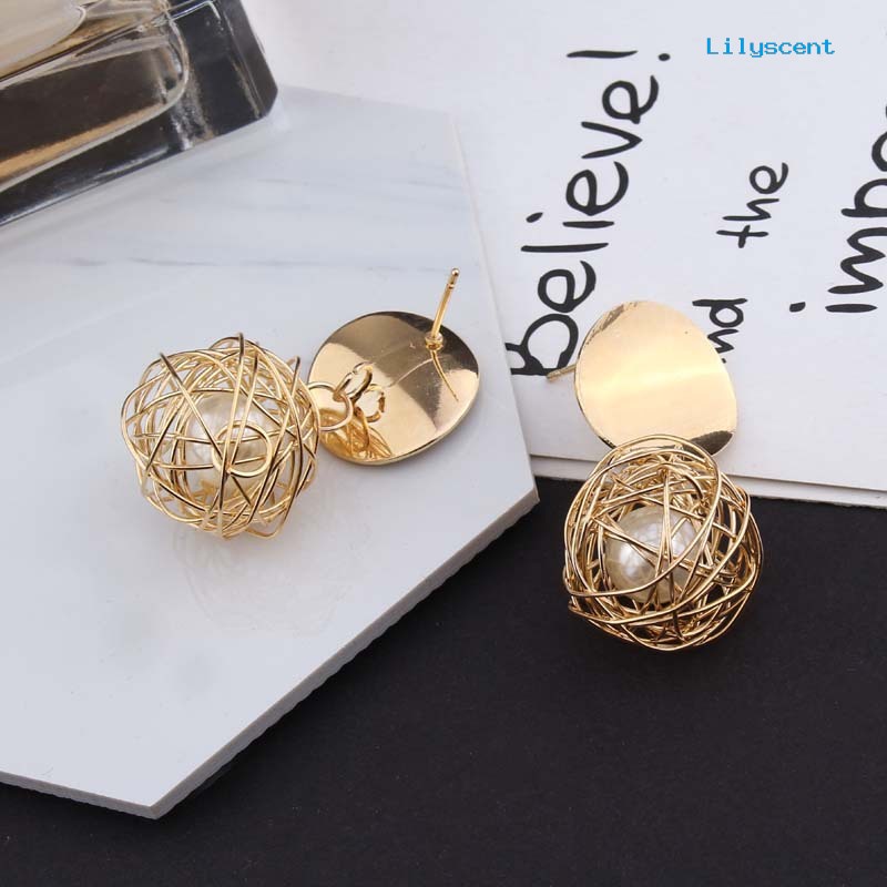 [LS] Fashion Wanita Geometris Anyaman Berongga Bola Mutiara Imitasi Drop Earrings Perhiasan Hadiah