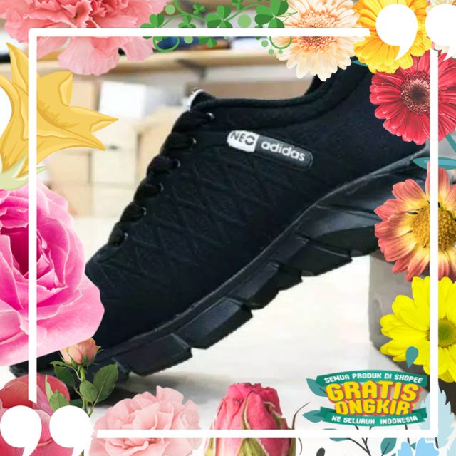 sepatu sekolah hitam polos adidas neo embossed silang pria wanita model sport x1 / slip slop tali ke