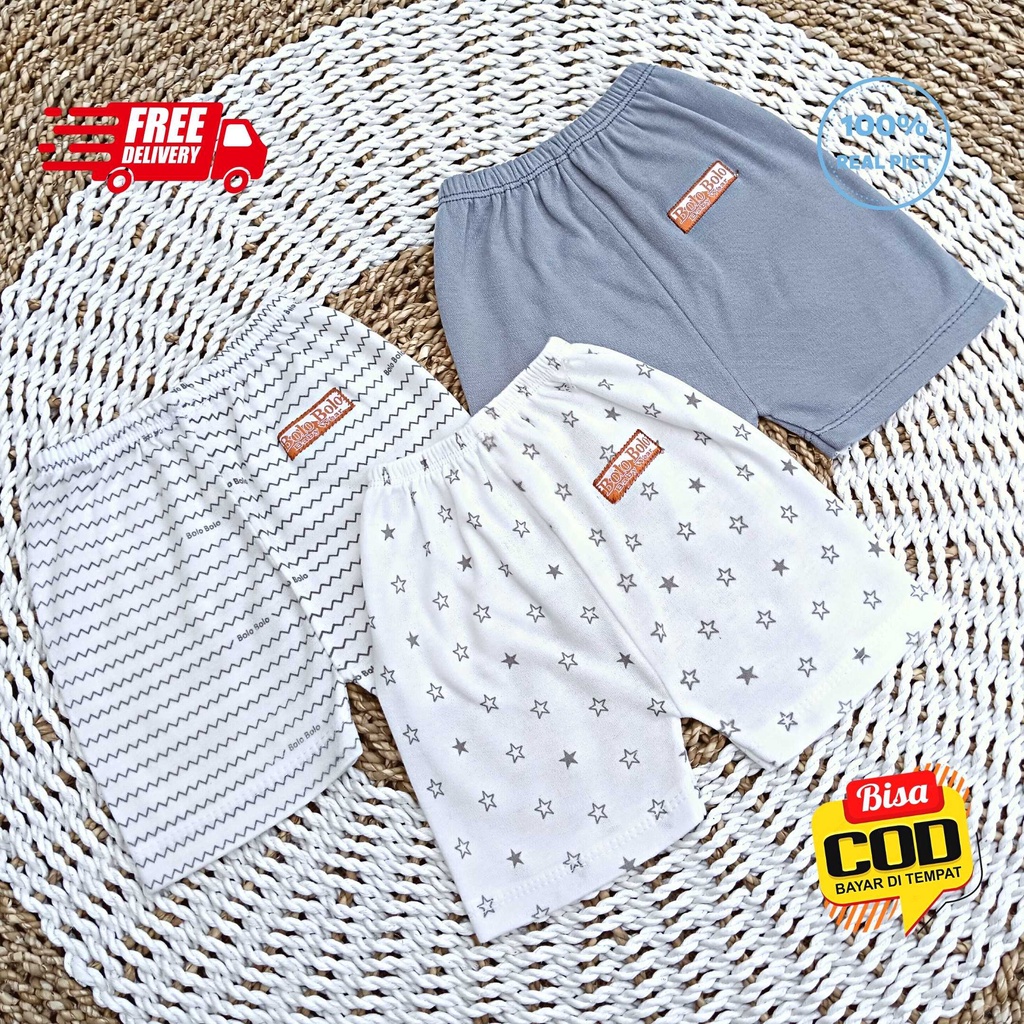 SALE 7.7 Serian Abu - 3 pcs Celana Pendek Bayi Baru Lahir 0 - 3 Bulan Grey Series merk SNI Bolo - Bolo