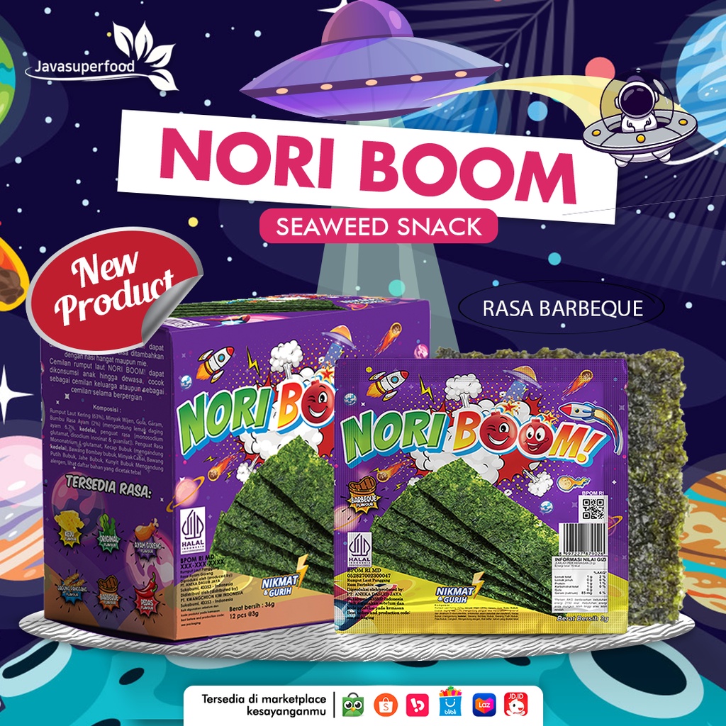 NoriBoom (1 BOX ISI 12 PCS) / Nori Sachet Seaweed Snack 3g Rumput Laut Halal