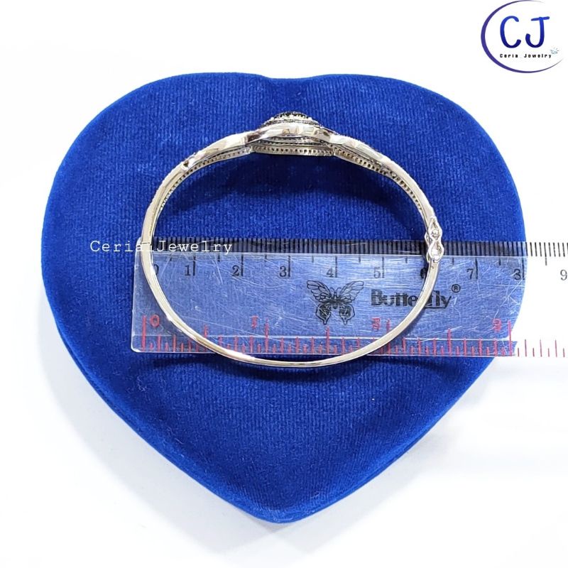 Gelang Bangle Wanita Perak Asli Silver 925 Lapis Emas Putih Model Oval Variasi Gelombang Permata Hitam Kombinasi Putih - Perhiasan Perak Asli