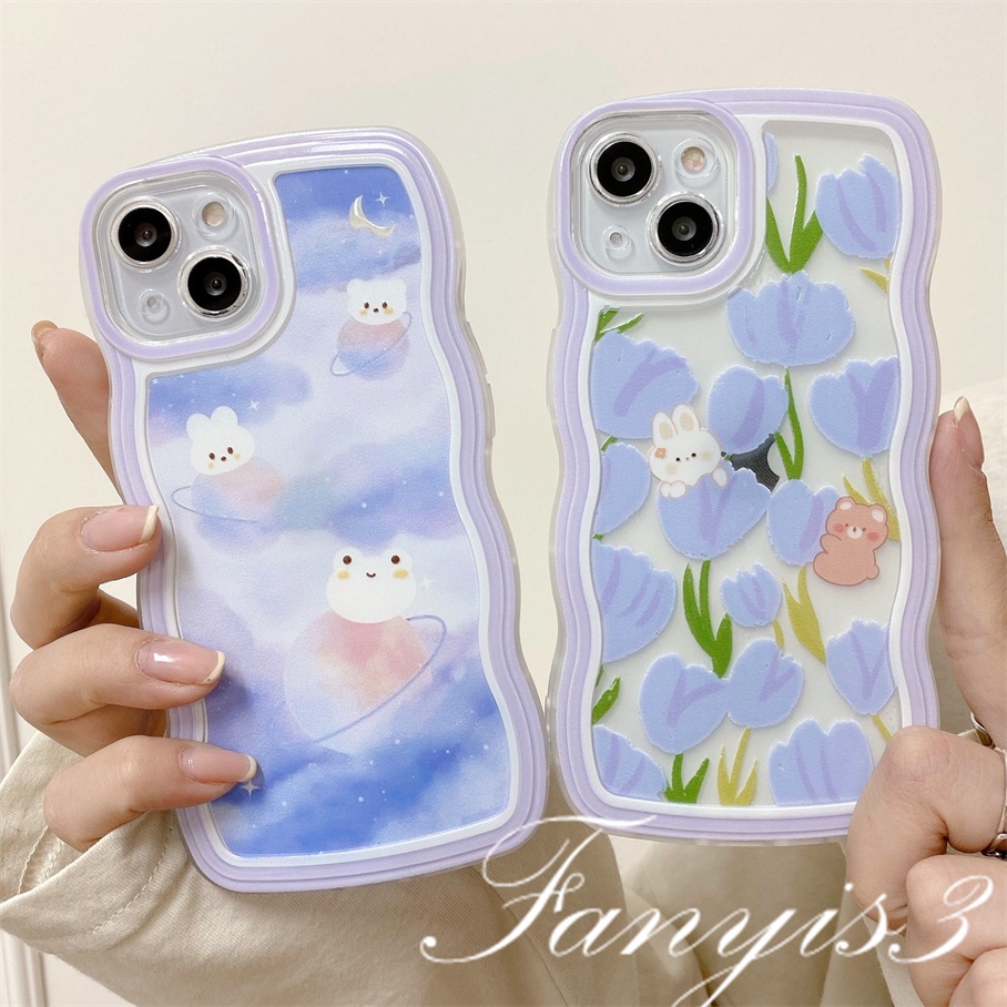 Compatible For iPhone 14 13 12 11 Pro Max X XR Xs Max 8 7 6 6s Plus SE 2020 Kompatibel Untuk Tulip Kelinci Beruang Gelombang Frame Phone Case TPU Soft Cover