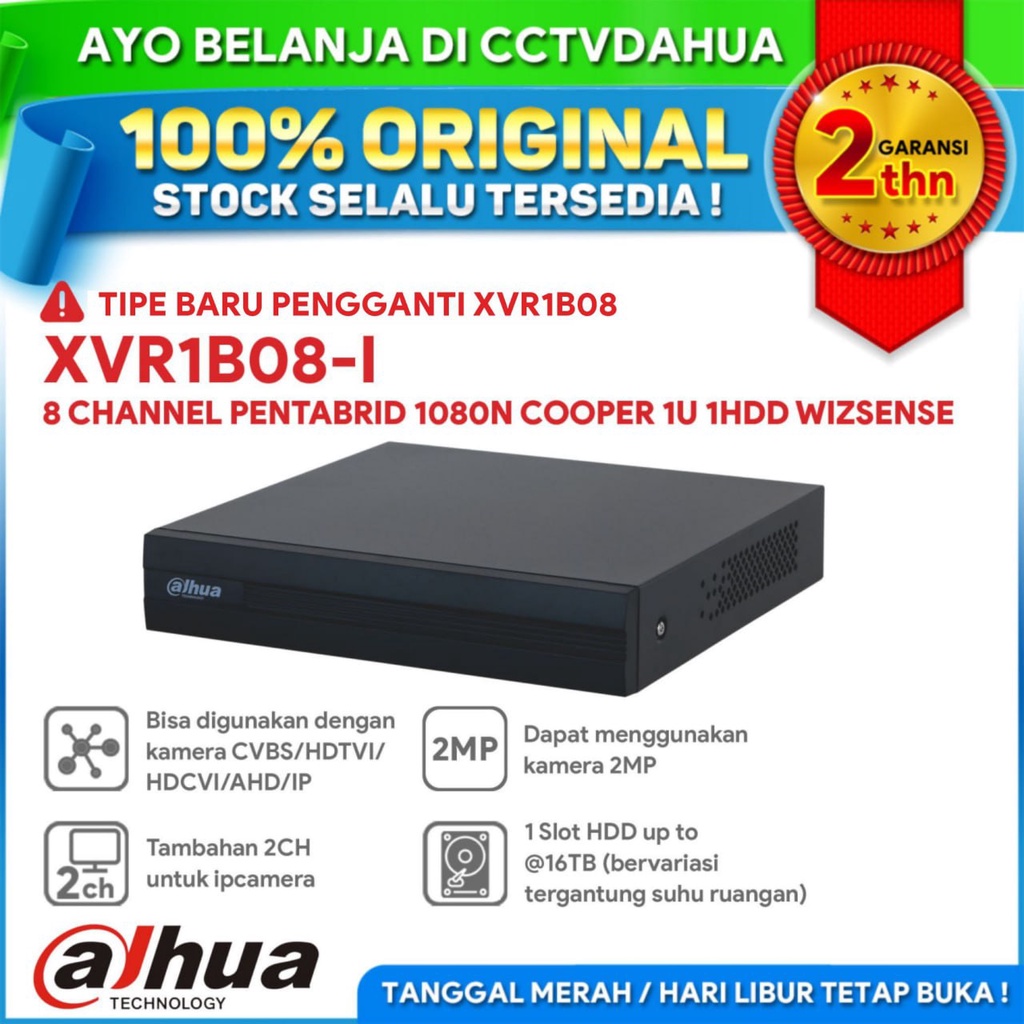 DAHUA XVR1B08 XVR SERIES COOPER 8CHANNEL Support H.265+ / Pentabrid GARANSI RESMI 2 TAHUN
