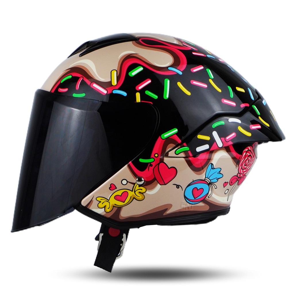 Helm JS1 Half Face Motif Candies Hitam Pink SNI Terbaru