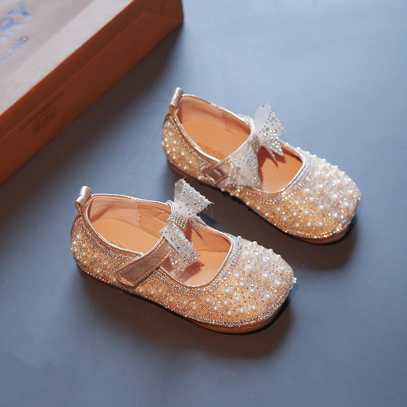 SH2264 Bisa COD Sepatu Flatshoes pesta anak Sepatu anak perempuan 2022 musim semi SIZE 21-35 mode baru berlian imitasi mutiara gadis kecil sepatu kulit putri ikatan simpul lucu trendi