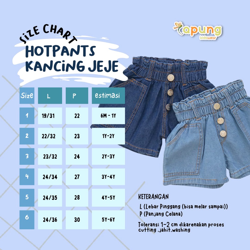 (Capung Kidswear) Celana Hotpants Anak Jeje Celana Pendek Waist Kancing Jeans (6 bulan-6 tahun)