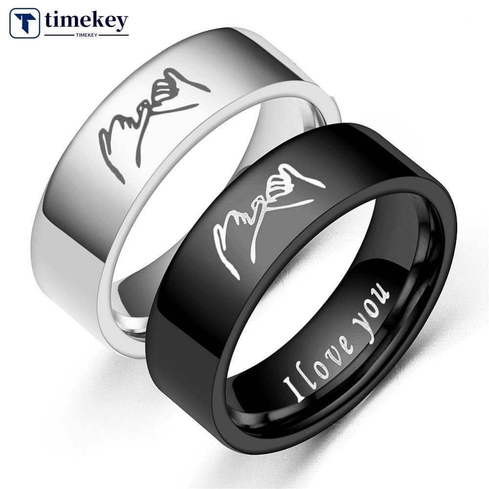 Timekey 6mm Fashion Stainless Steel Cincin i love you Pasangan Perak Hitam Pasangan Perhiasan Anniversary Hadiah Hari Valentine E8M8