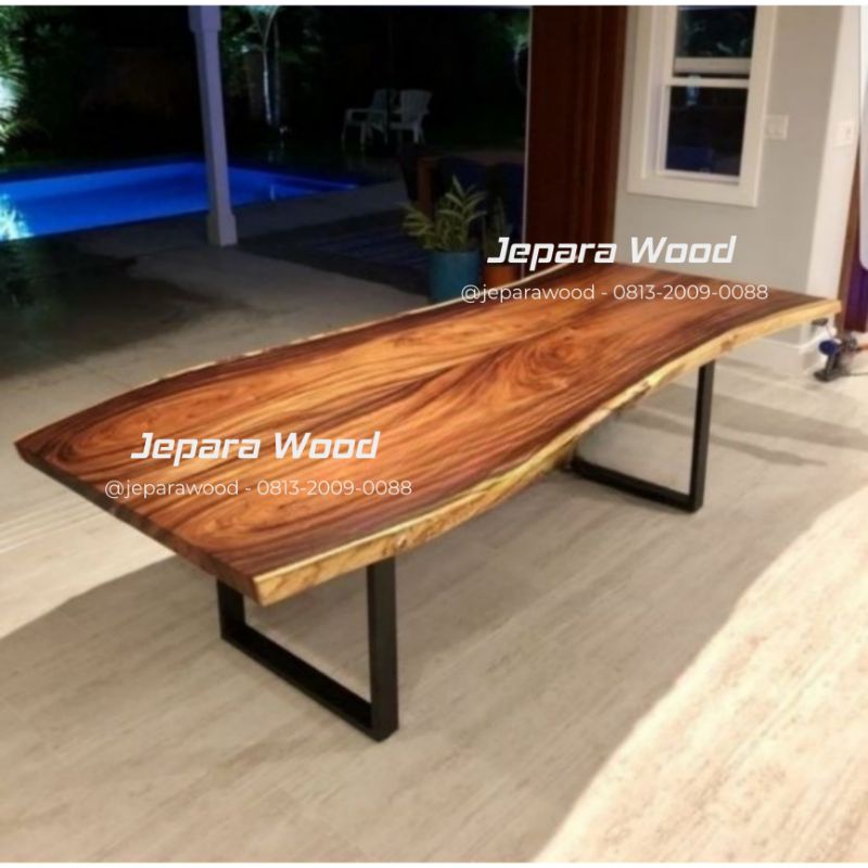 meja trembesi 250 x 100 cm kaki besi meja makan trembesi