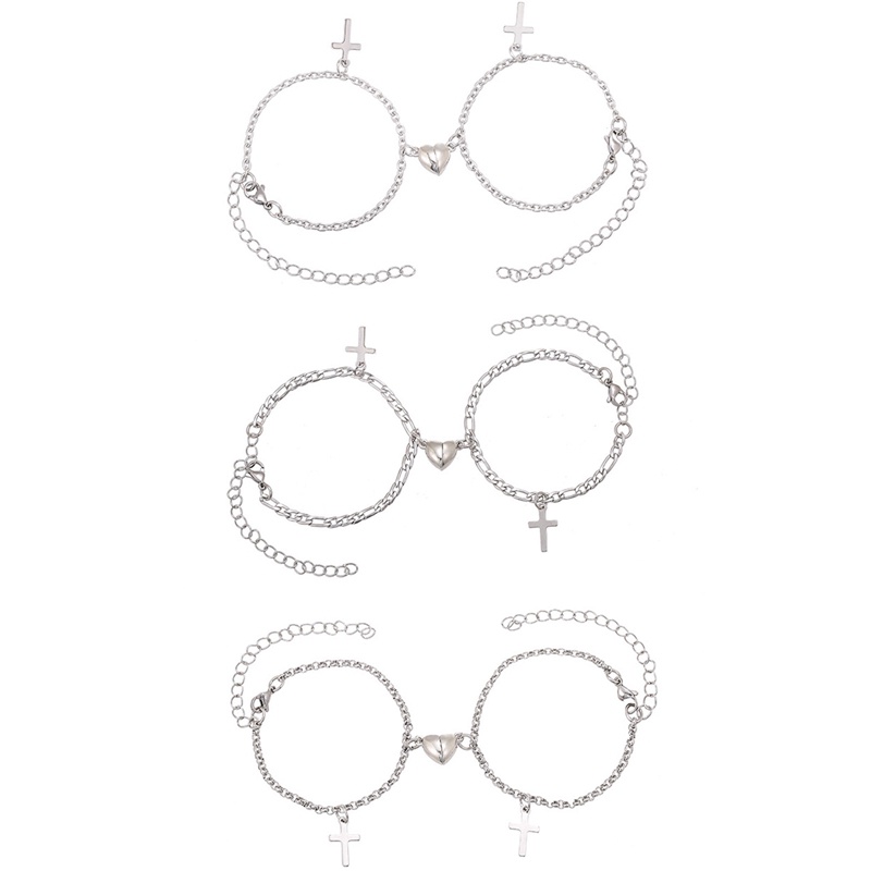 2pcs/set Gelang Salib Pasangan Magnet Rantai Stainless Steel Cinta Hati Magnet Unisex Pria Wanita Aksesoris Fashion
