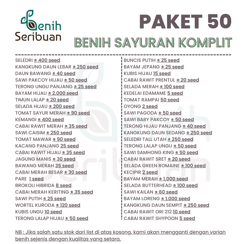 Benih Seribuan - Paket Komplit 50 Macam Bibit Sayur Sayuran Unggul