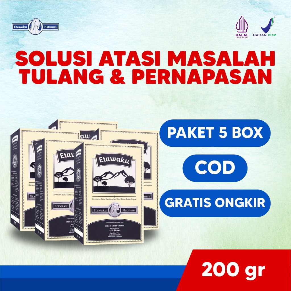

Susu Etawaku Platinum 5 Box Original Ori Susu Kambing Etawa Bubuk Murni Rendah Gula Untuk Kesehatan Asma Pernafasan Tulang & Sendi Pencernaan Asam Lambung Isi 200gr