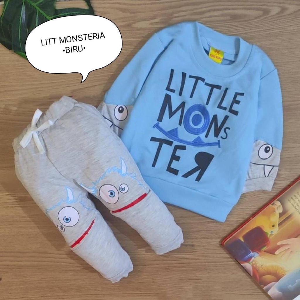 Setelan Baju Anak Bayi Laki-Laki Atasan Dan Celana Panjang Motif Cute Monsteria Estimasi Usia 6 Bulan-4 Tahun