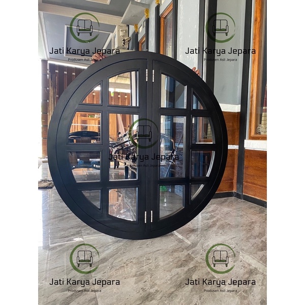 kusen Jendela Bundar 130cm 12x6cm Kayu Jati Solid Black Buka 2 Pintu,Kaca Oneway Free Ongkir Jawa & 