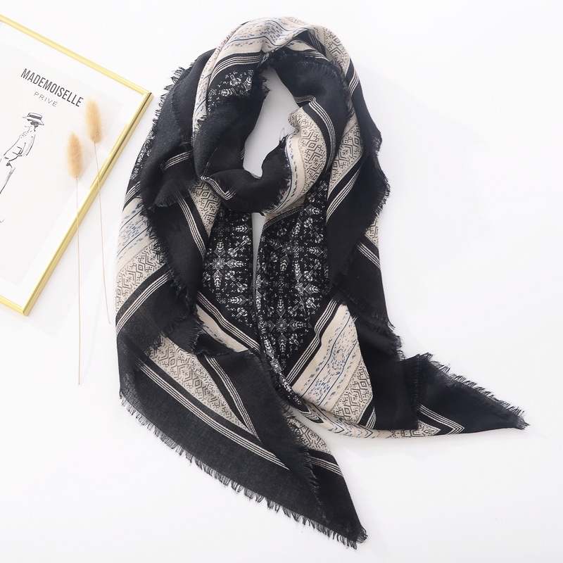 ITSFRIDAY ORNELLA In BLACK Scarf - Premium Selendang Square Syal Shawl Segi Empat Hijab Import Motif Etnik Geometri Black Cream