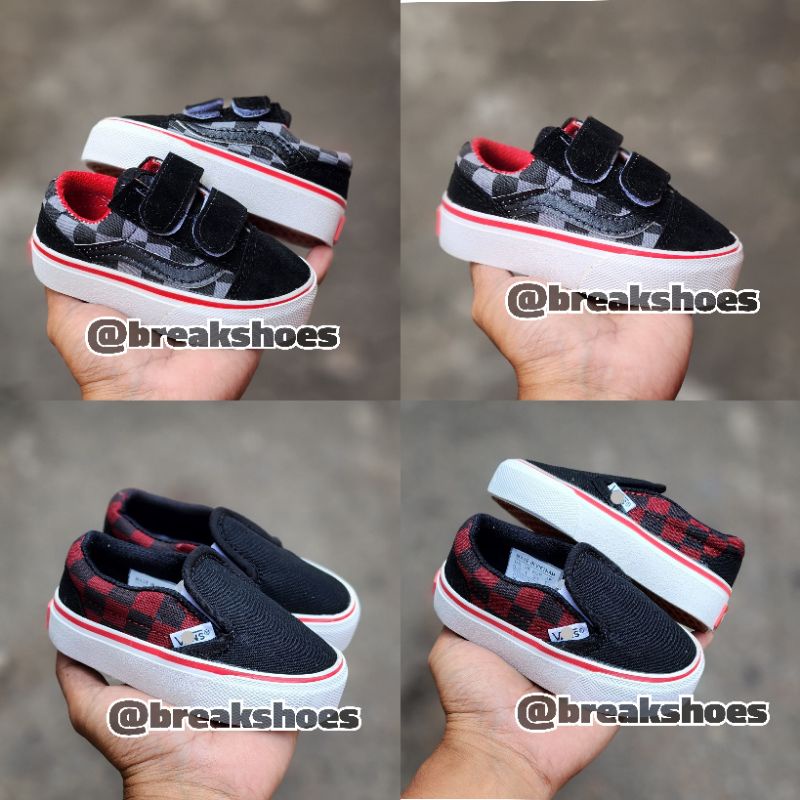 Sepatu anak oldskool dan slip on chexkerboard hitam merah casual cewek cowok