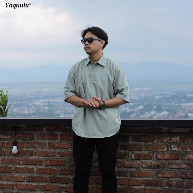 YQL. -  KURTA kemeja Sage green Kemeja sage pria ujung lengkung pendek tangan pendek