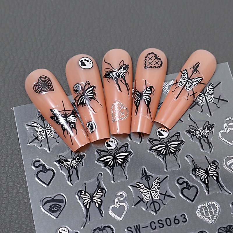 Diy Art Nail Decal Dark Butterfly Moon Peningkatan Kuku Stiker Tekstur 3D Cinta Stiker Kuku