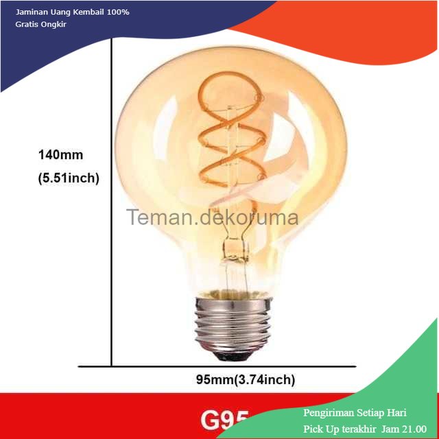 TD - LMP Grensk Lampu Pijar Filamen Bohlam Edison E27 Dimmable Warm White 4W - G95