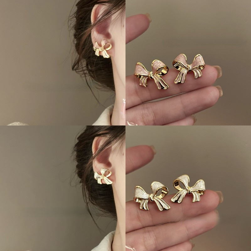 Vintage Perancis S925 Perak Disepuh Busur Anting Priness Gadis Earring Ear Studs Fashion Aksesori