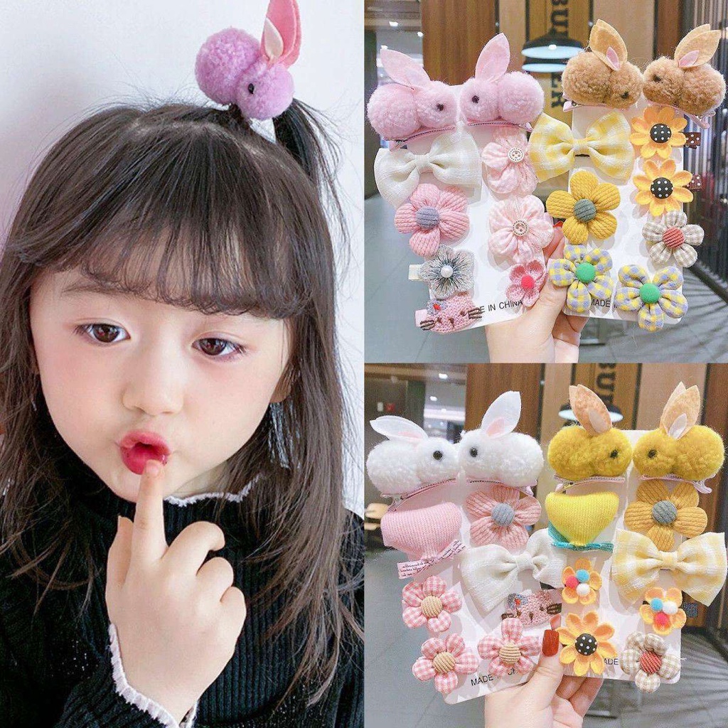 (Hello Girl)F180 Set Jepit 9In1 Jepit Rambut Anak Perempuan Motif Kelinci Bunga Wol Gaya Korea Import